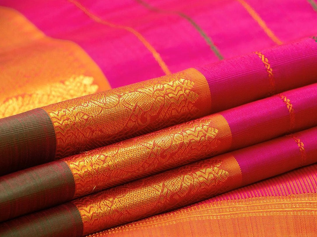 Pink Kanchipuram Silk Saree With Veldhari Stripes Handwoven Pure Silk Pure Zari For Festive Wear - PV J 7264 - Silk Sari - Panjavarnam PV J 7264