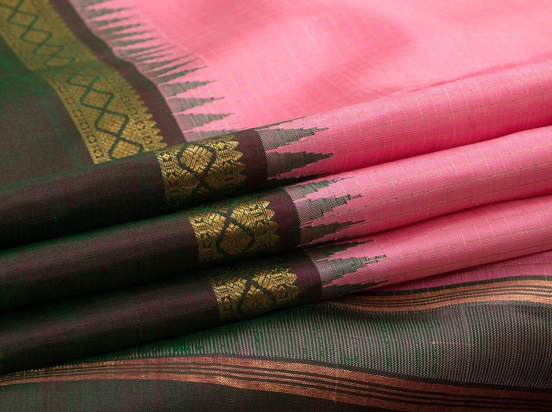 Pink Kanchipuram Silk Saree With Zari Checks Handwoven Pure Silk Pure Zari PV NYC 633 - Silk Sari - Panjavarnam PV NYC 633