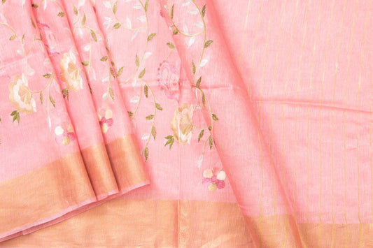 Pink Linen Saree With Embroidery And Gold Zari Border PL 2052 - Linen Sari - Panjavarnam