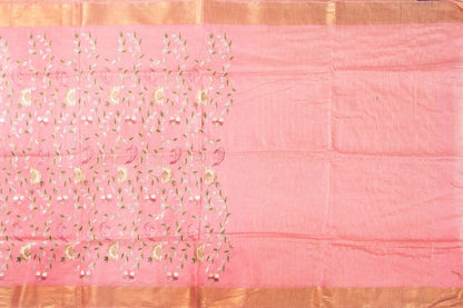 Pink Linen Saree With Embroidery And Gold Zari Border PL 2052 - Linen Sari - Panjavarnam