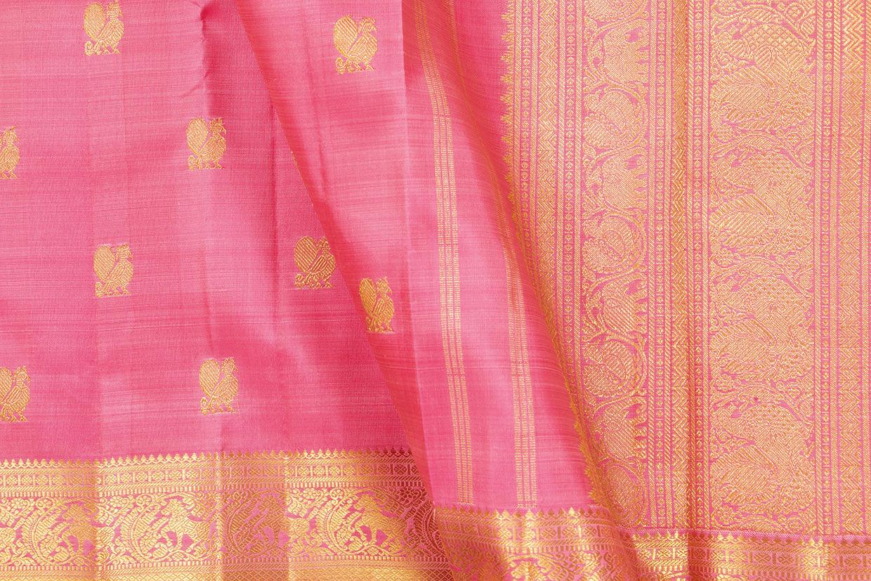 Pink With Peacock Motifs Kanchipuram Silk Saree With Small Border Handwoven Pure Silk For Wedding Wear PV NYC 999 - Silk Sari - Panjavarnam