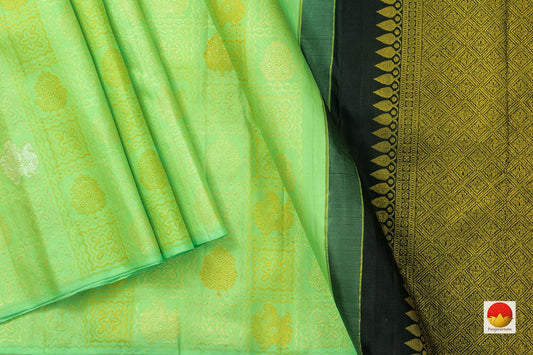 Pista Green And Black Borderless Kanchipuram Silk Saree With Floral Silk Thread Work Handwoven Pure Silk Pure Zari For Festive Wear PV NYC 1050 - Silk Sari - Panjavarnam