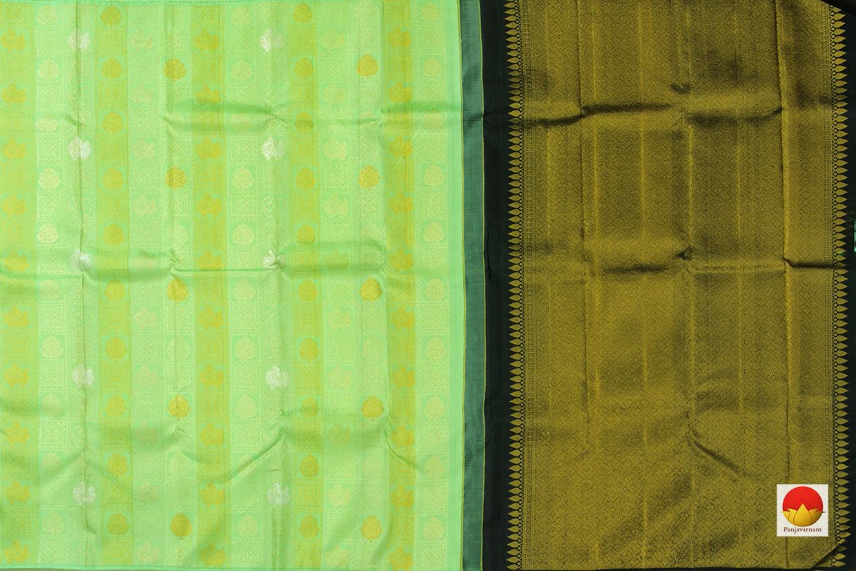 Pista Green And Black Borderless Kanchipuram Silk Saree With Floral Silk Thread Work Handwoven Pure Silk Pure Zari For Festive Wear PV NYC 1050 - Silk Sari - Panjavarnam PV NYC 1050