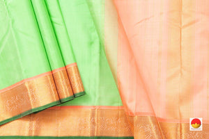 Pista Green And Peach Kanchipuram Silk Saree With Medium Border Handwoven Pure Silk For Festive Wear PV J 229 - Silk Sari - Panjavarnam PV J 229