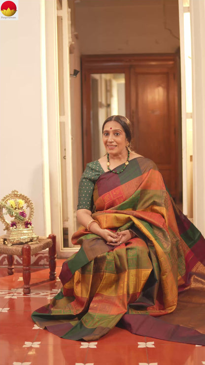 Multi Colour Checks Odisha Pattern Weave Kanchipuram Silk Saree For Festive Wear PV J 1874