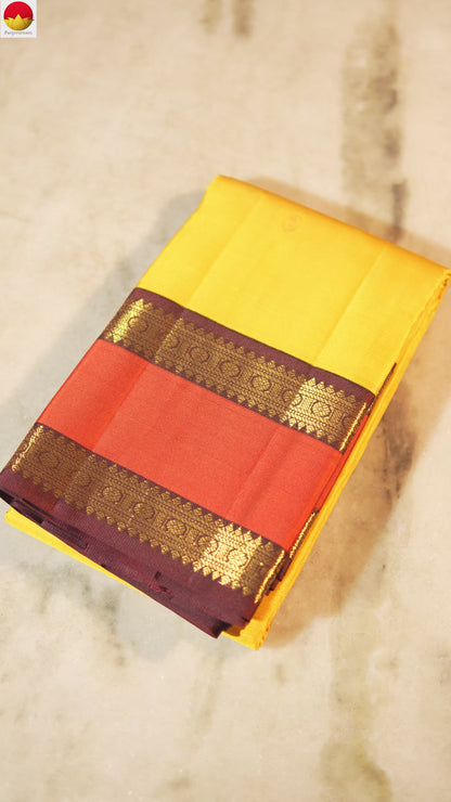 Yellow And Brown Kanchipuram Silk Saree For Festive Wear PV MEN 210