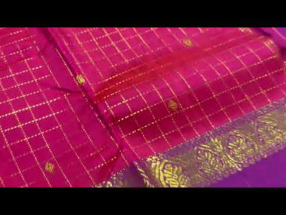 Pink And Red Double Shade Kanchipuram Silk Saree With Magenta Rettai Pettu Border Handwoven Pure Silk Pure Zari For Weddings PV J 5009