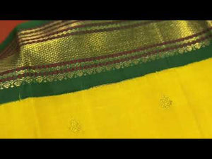 Yellow Kanchipuram Silk Saree With Green Contrast Korvai Border Handwoven Pure Silk Pure Zari For Wedding Wear PV NYC 658 - Silk Sari - Panjavarnam PV NYC 658