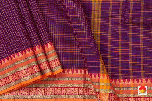 Purple And Mustard Temple Border Kanchi Cotton Saree For Office Wear PV KC 431 - Cotton Saree - Panjavarnam