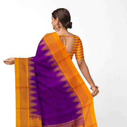 Purple And Mustard Temple Border Kanchipuram No Zari Silk Saree Light Weight For Festive Wear PV KNN 247 A - Silk Sari - Panjavarnam PV KNN 247 A