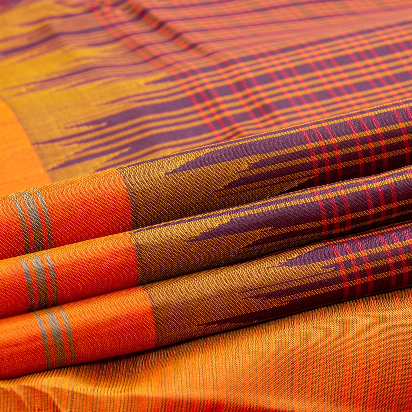 Purple And Orange Khasa Khasa Checks Kanchipuram Silk Saree Without Zari For Office Wear PV RM NZ 478 - Silk Sari - Panjavarnam PV RM NZ 478