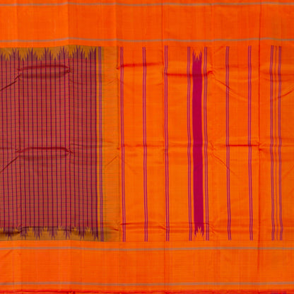 Purple And Orange Khasa Khasa Checks Kanchipuram Silk Saree Without Zari For Office Wear PV RM NZ 478 - Silk Sari - Panjavarnam PV RM NZ 478