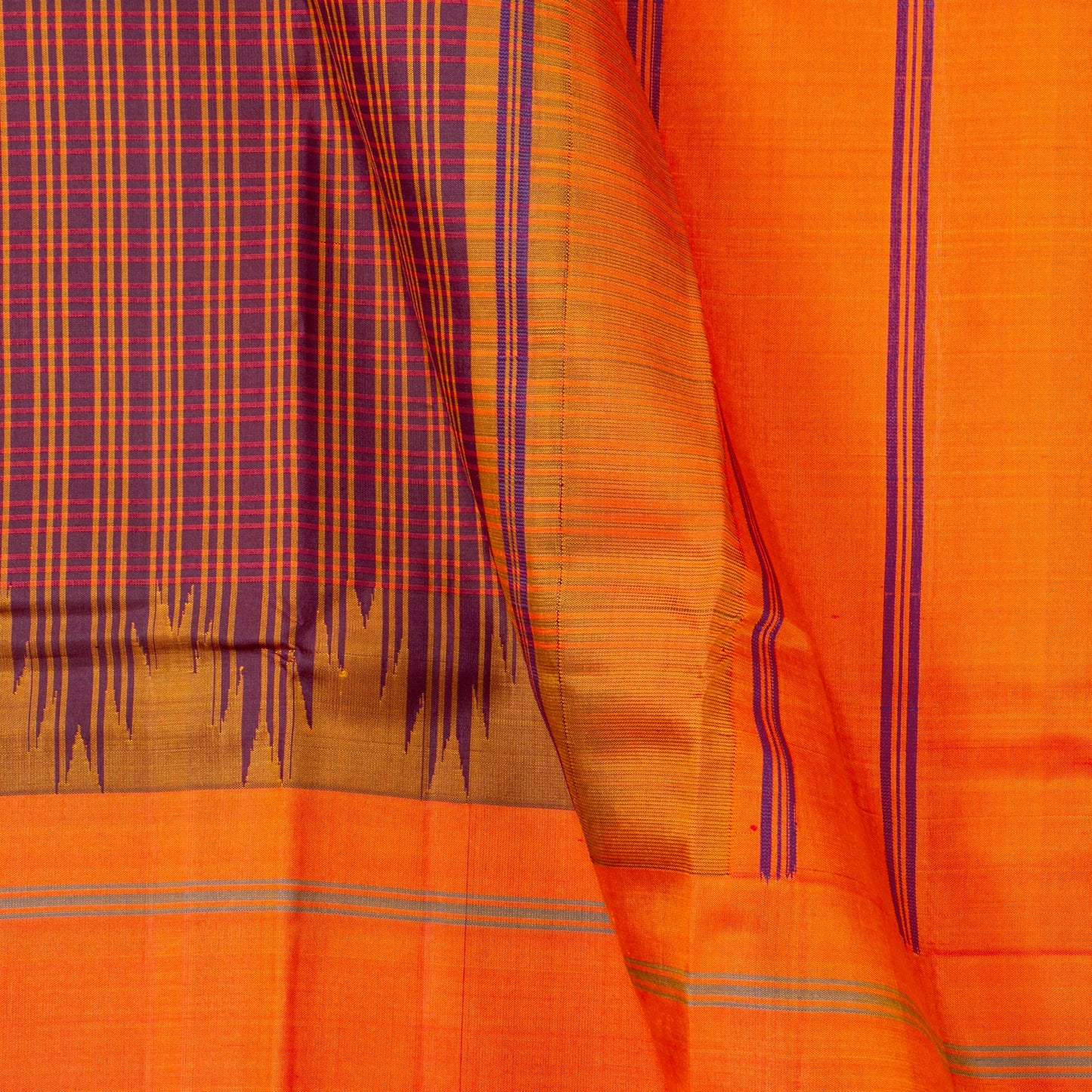 Purple And Orange Khasa Khasa Checks Kanchipuram Silk Saree Without Zari For Office Wear PV RM NZ 478 - Silk Sari - Panjavarnam PV RM NZ 478