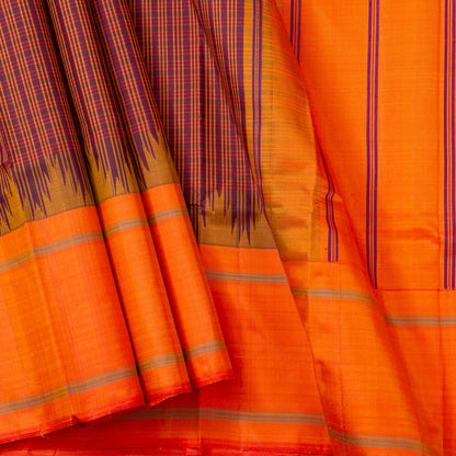 Purple And Orange Khasa Khasa Checks Kanchipuram Silk Saree Without Zari For Office Wear PV RM NZ 478 - Silk Sari - Panjavarnam PV RM NZ 478