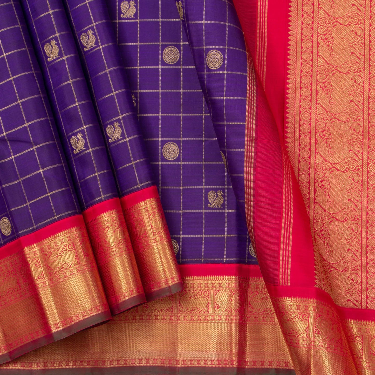 Purple And Red Kanjivaram Silk Saree With Contrast Korvai Border For Bridal Wear PV NYC 1153 - Silk Sari - Panjavarnam PV NYC 1153