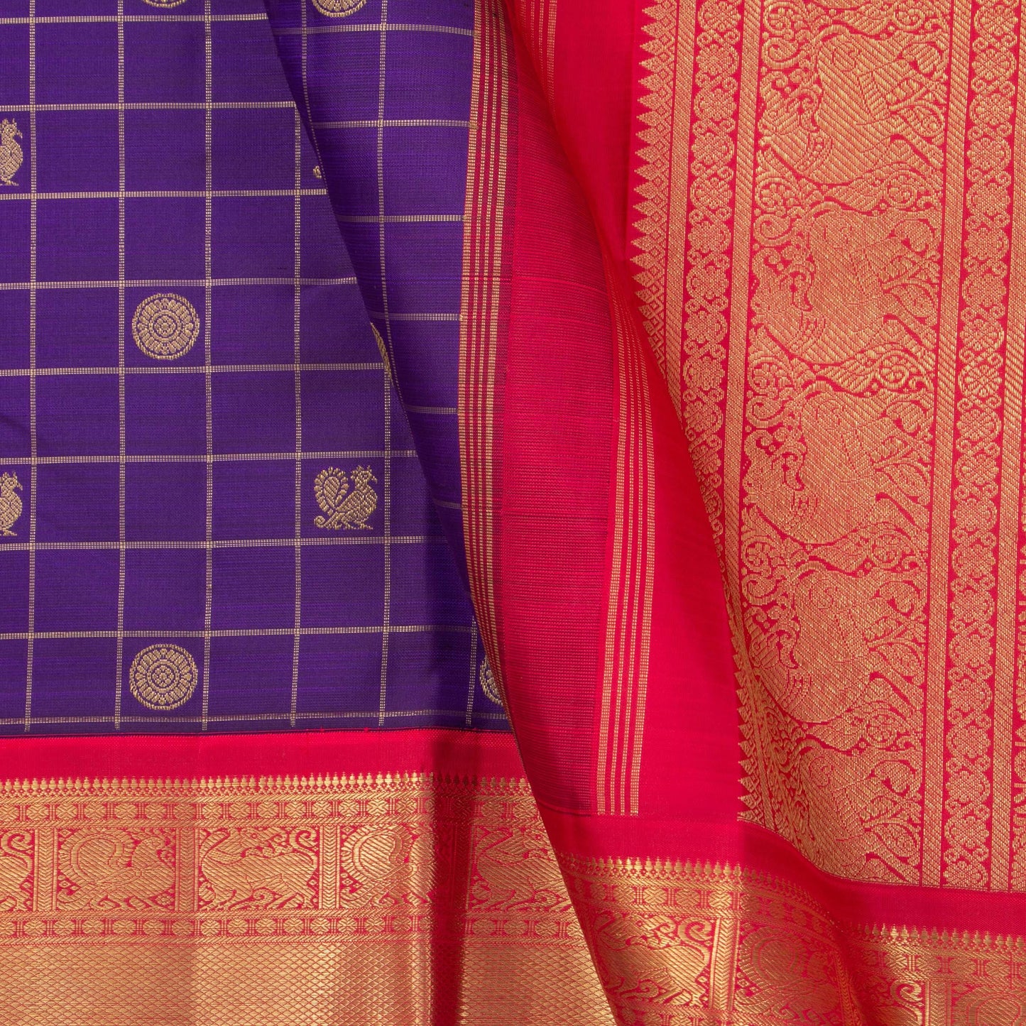 Purple And Red Kanjivaram Silk Saree With Contrast Korvai Border For Bridal Wear PV NYC 1153 - Silk Sari - Panjavarnam PV NYC 1153