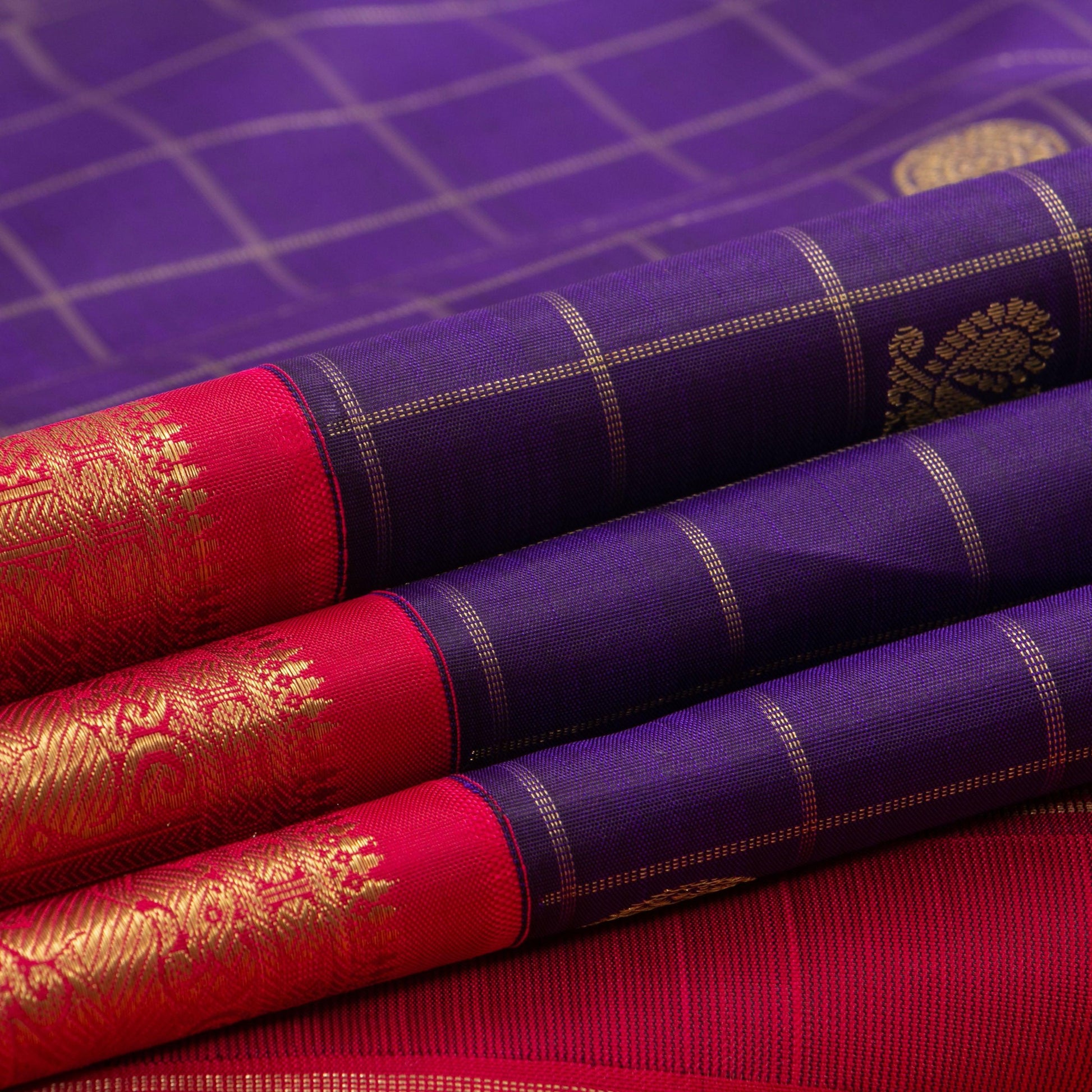 Purple And Red Kanjivaram Silk Saree With Contrast Korvai Border For Bridal Wear PV NYC 1153 - Silk Sari - Panjavarnam PV NYC 1153