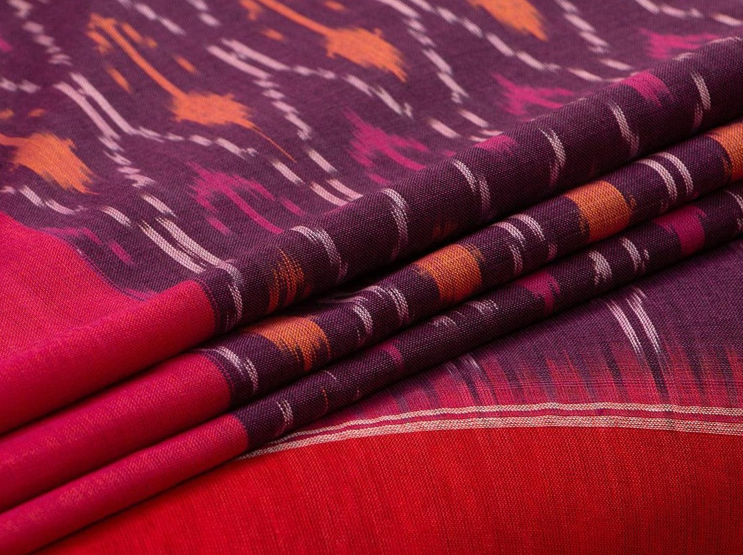 Purple And Red Pochampally Ikkat Cotton Saree Handwoven SC 128 - Cotton Saree - Panjavarnam