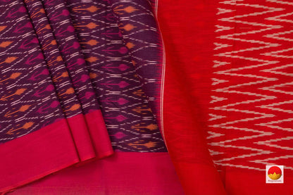 Purple And Red Pochampally Ikkat Cotton Saree Handwoven SC 128 - Cotton Saree - Panjavarnam SC 128