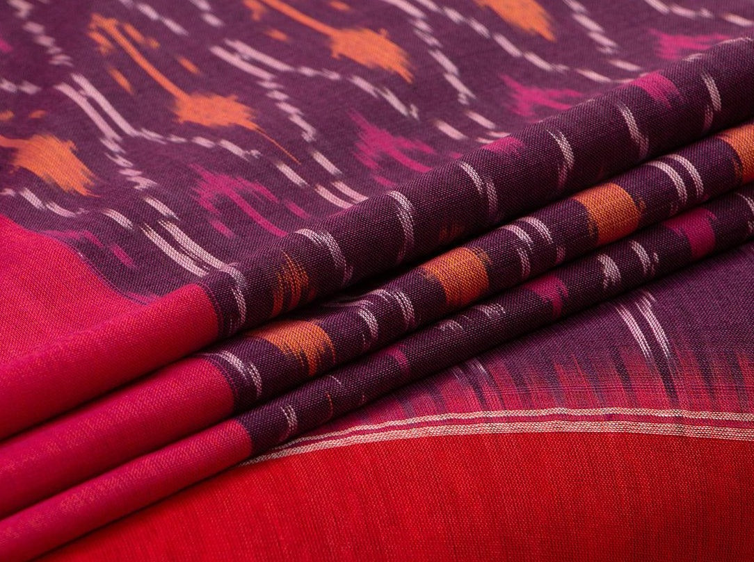 Purple And Red Pochampally Ikkat Cotton Saree Handwoven SC 128 - Cotton Saree - Panjavarnam SC 128