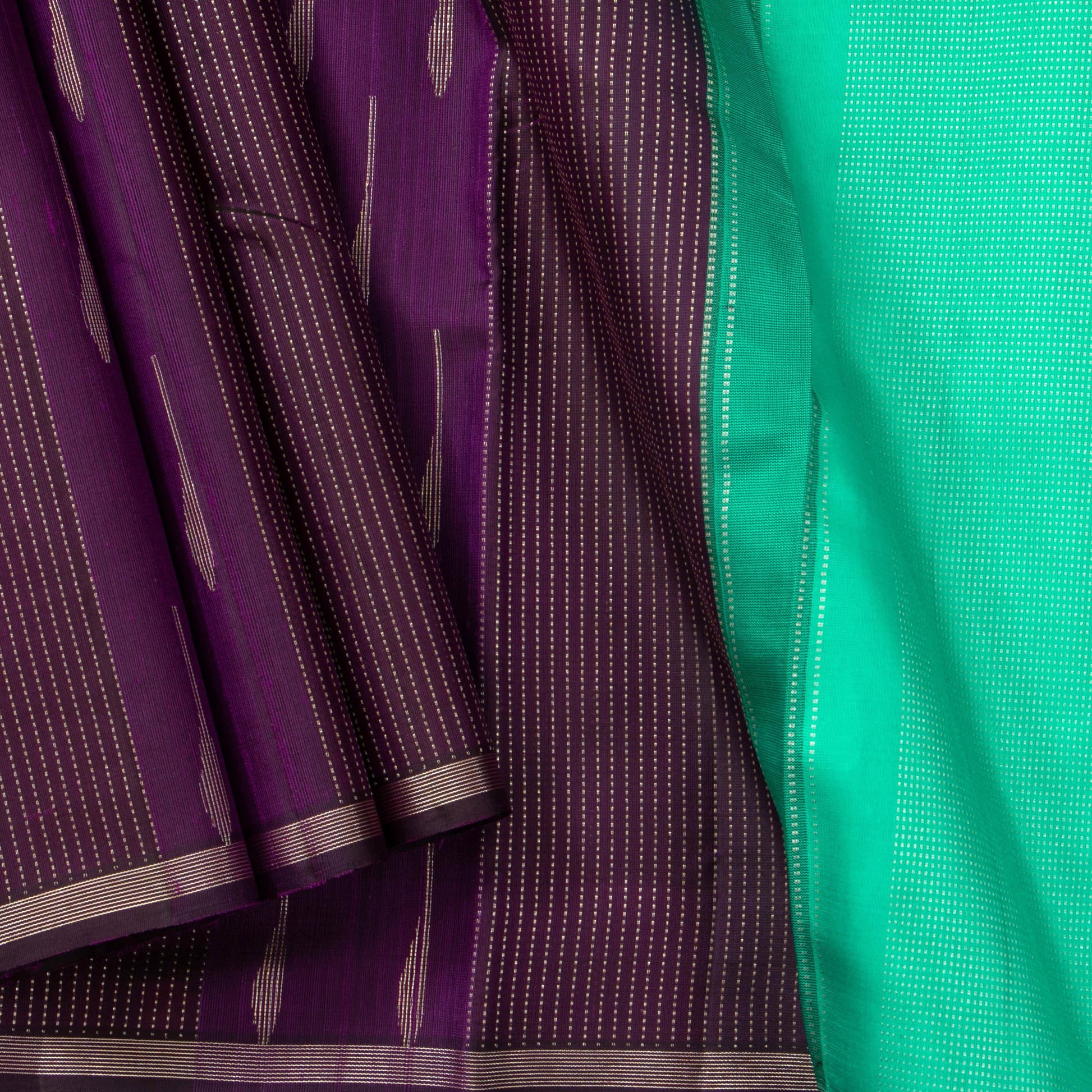 Purple And Sea Green Kanchipuram Silk Saree Borderless Handwoven Pure Silk For Festive Wear PV NYC 1249 - Silk Sari - Panjavarnam PV NYC 1249