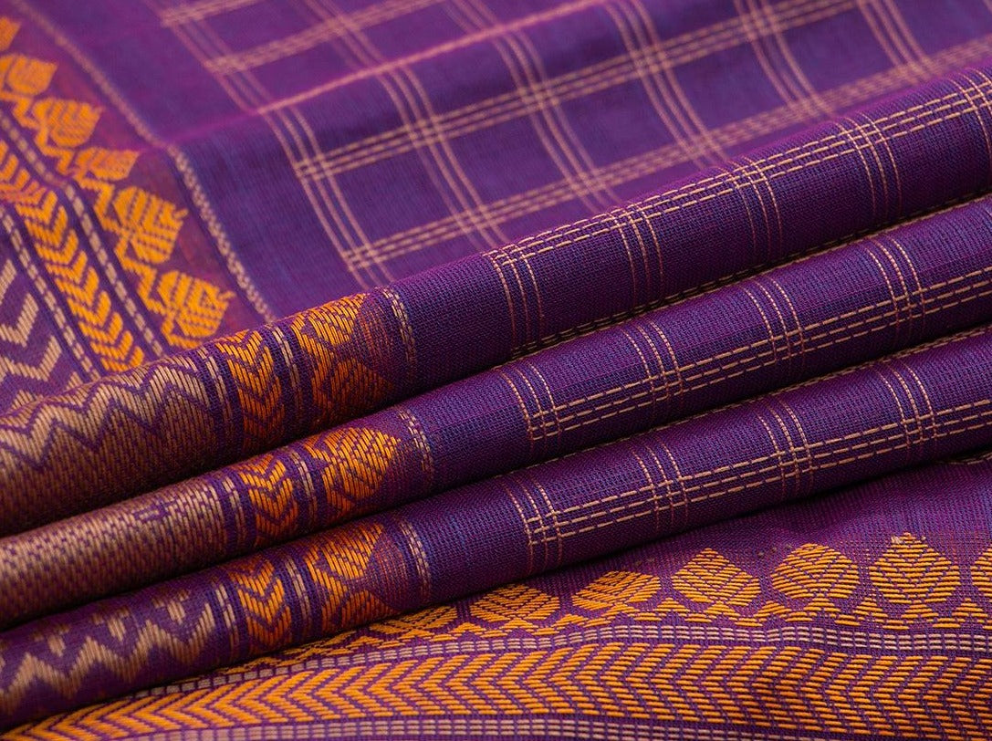 Purple Checked Kanchi Cotton Saree For Office Wear PV KC 394 - Cotton Saree - Panjavarnam PV KC 394