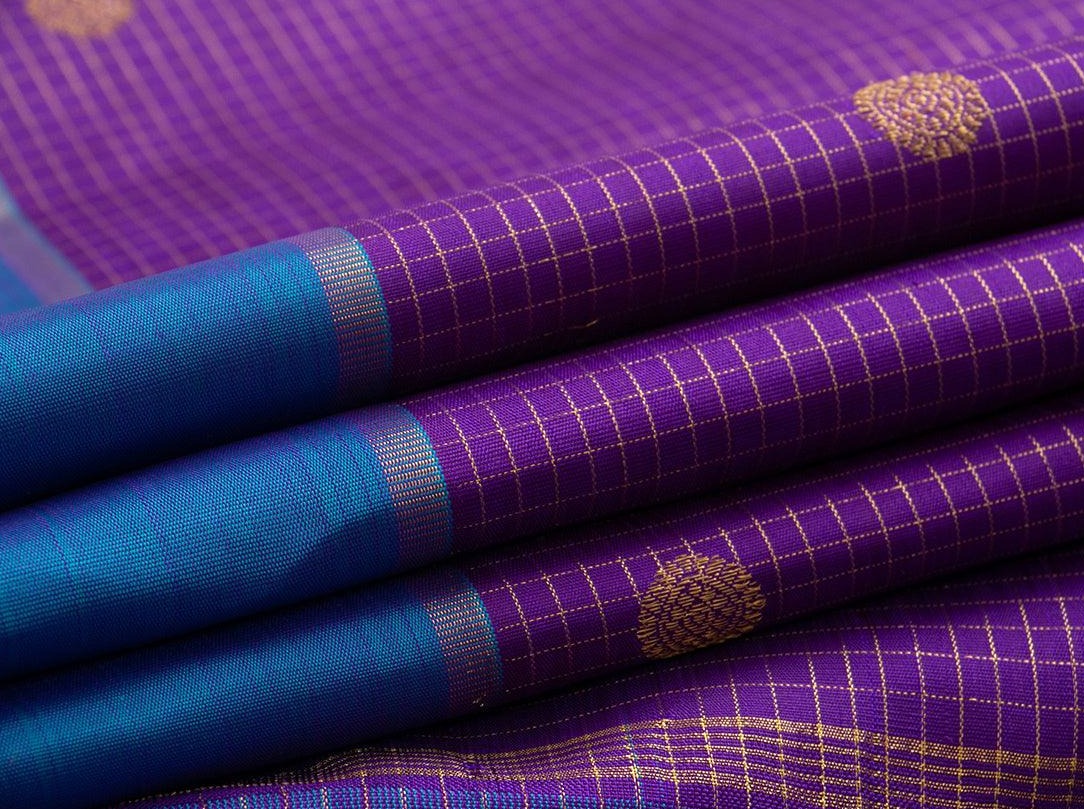 Purple Kanchipuram Silk Saree With A Contrast Blue Border Handwoven Pure Silk Pure Zari For Festive Wear PV NYC 927 - Silk Sari - Panjavarnam