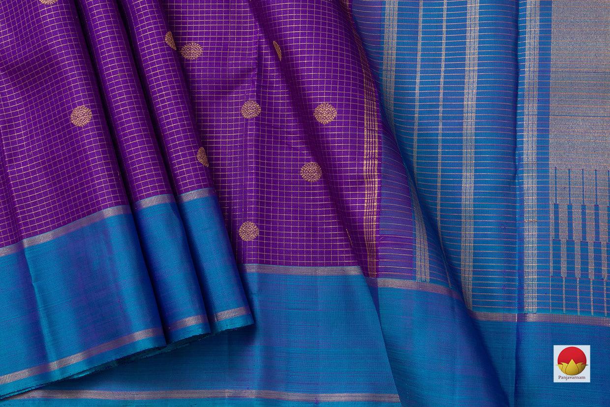 Purple Kanchipuram Silk Saree With A Contrast Blue Border Handwoven Pure Silk Pure Zari For Festive Wear PV NYC 927 - Silk Sari - Panjavarnam PV NYC 927