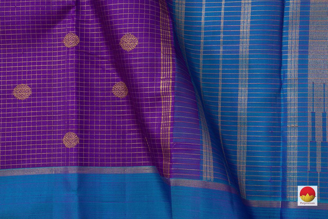 Purple Kanchipuram Silk Saree With A Contrast Blue Border Handwoven Pure Silk Pure Zari For Festive Wear PV NYC 927 - Silk Sari - Panjavarnam PV NYC 927