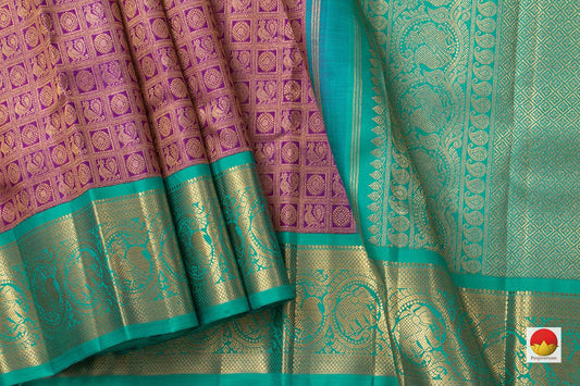 Purple Kanchipuram Silk Saree With Cyan Korvai Border Handwoven Pure Silk Pure Zari For Bridal Wear PV NYC 962 - Silk Sari - Panjavarnam