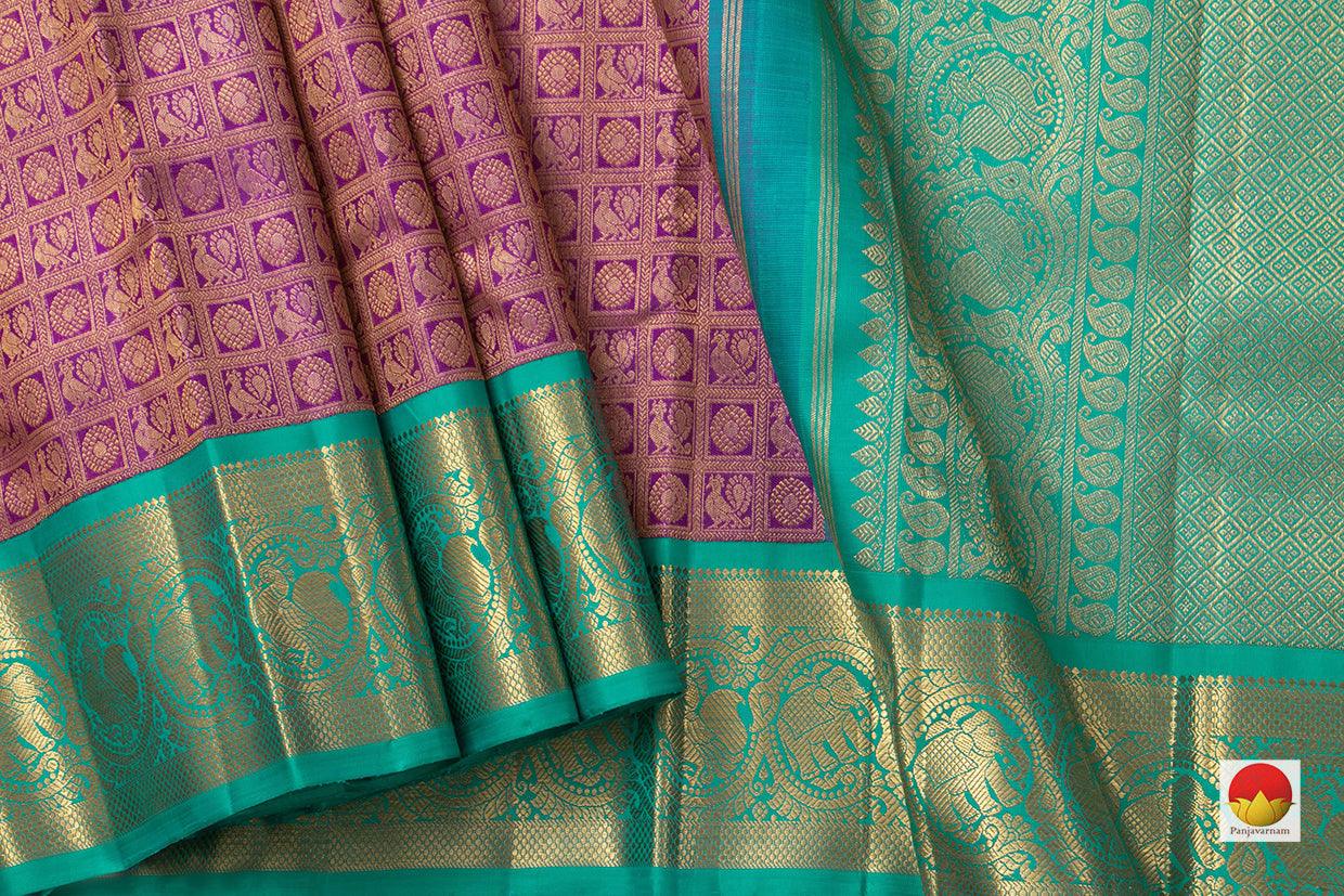 Purple Kanchipuram Silk Saree With Cyan Korvai Border Handwoven Pure Silk Pure Zari For Bridal Wear PV NYC 962 - Silk Sari - Panjavarnam PV NYC 962