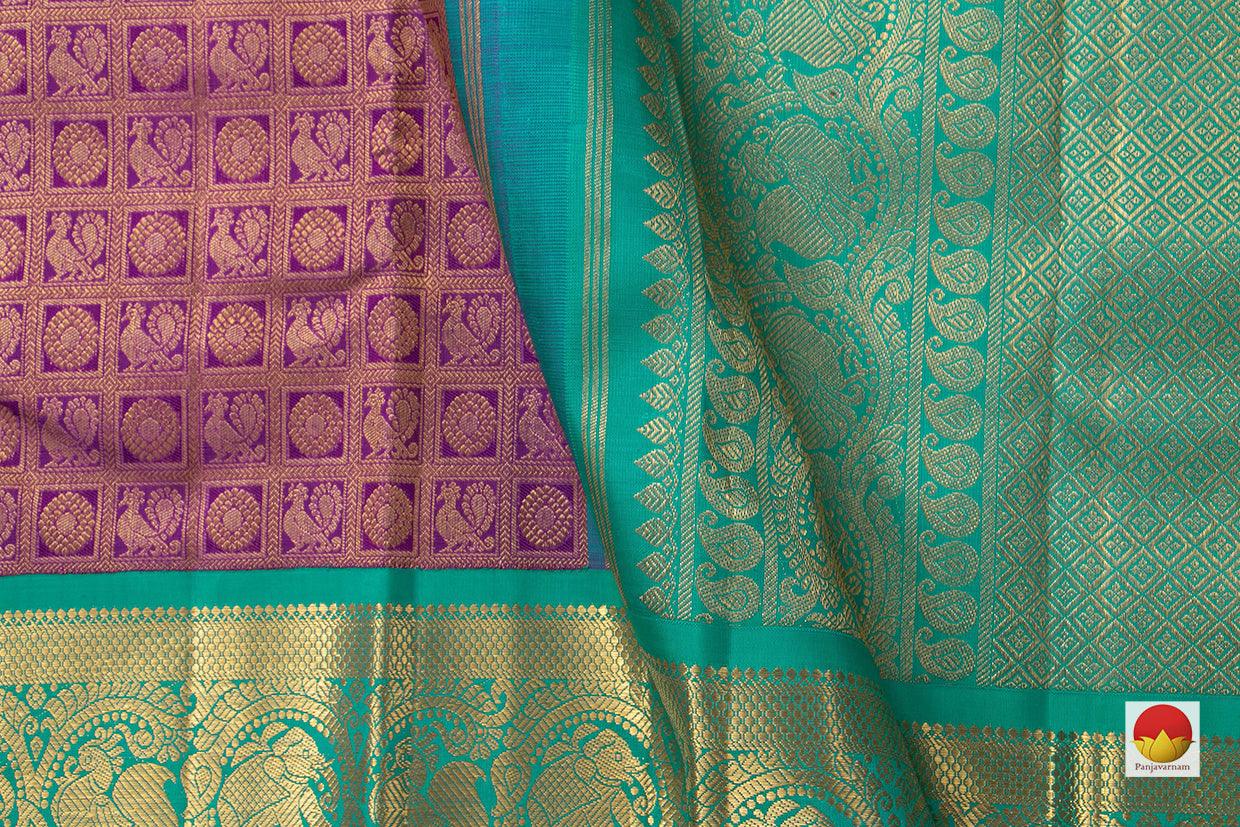 Purple Kanchipuram Silk Saree With Cyan Korvai Border Handwoven Pure Silk Pure Zari For Bridal Wear PV NYC 962 - Silk Sari - Panjavarnam PV NYC 962