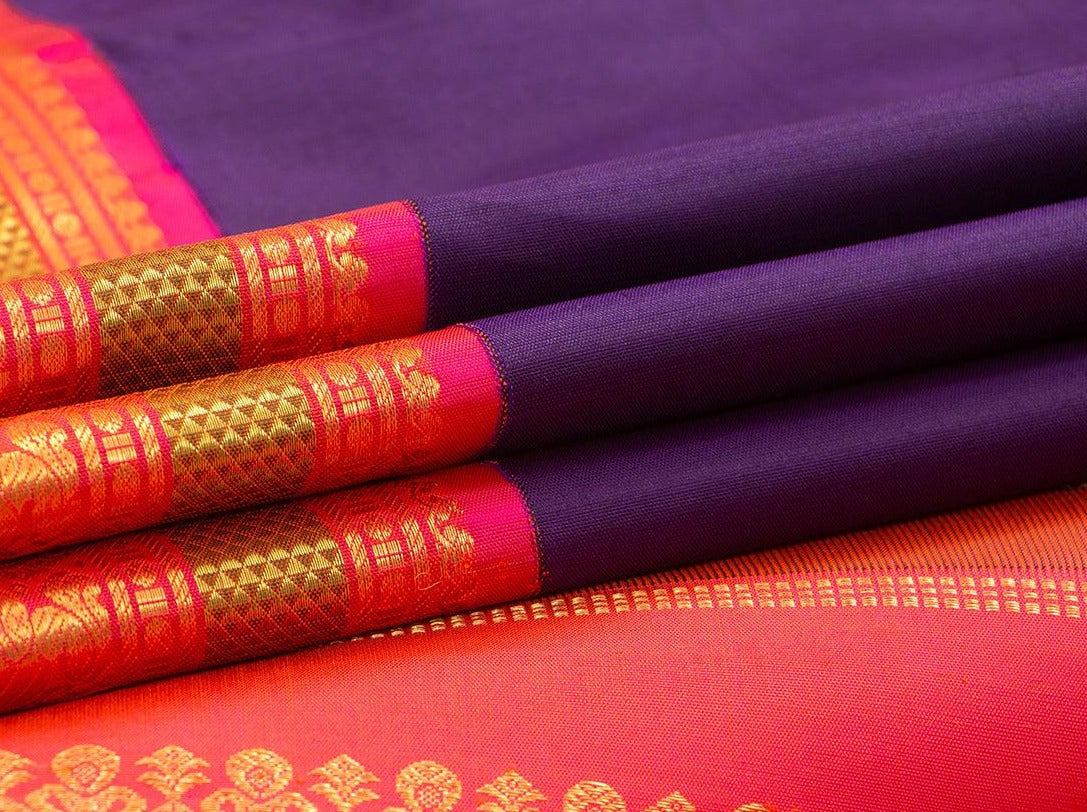 Purple Kanchipuram Silk Saree With Pink Korvai Border Handwoven Pure Silk And Pure Zari For Weddings - PV J 7268 - Silk Sari - Panjavarnam