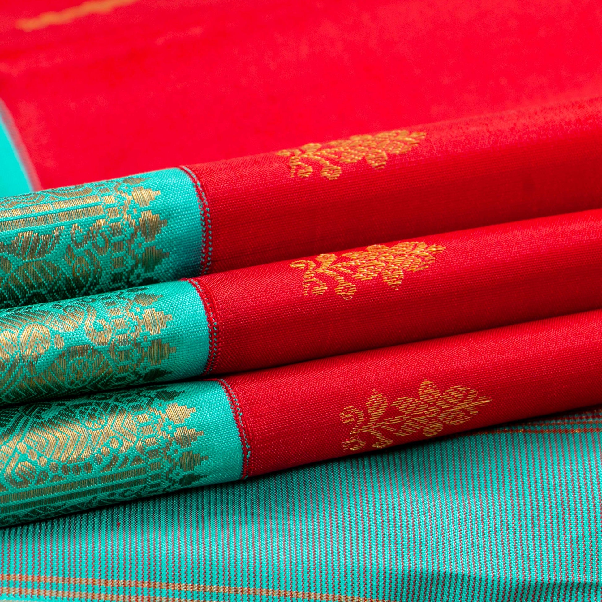 Red And Anandha Blue Kanchipuram Silk Saree For Festive Wear PV J 5205 - Silk Sari - Panjavarnam PV J 5205