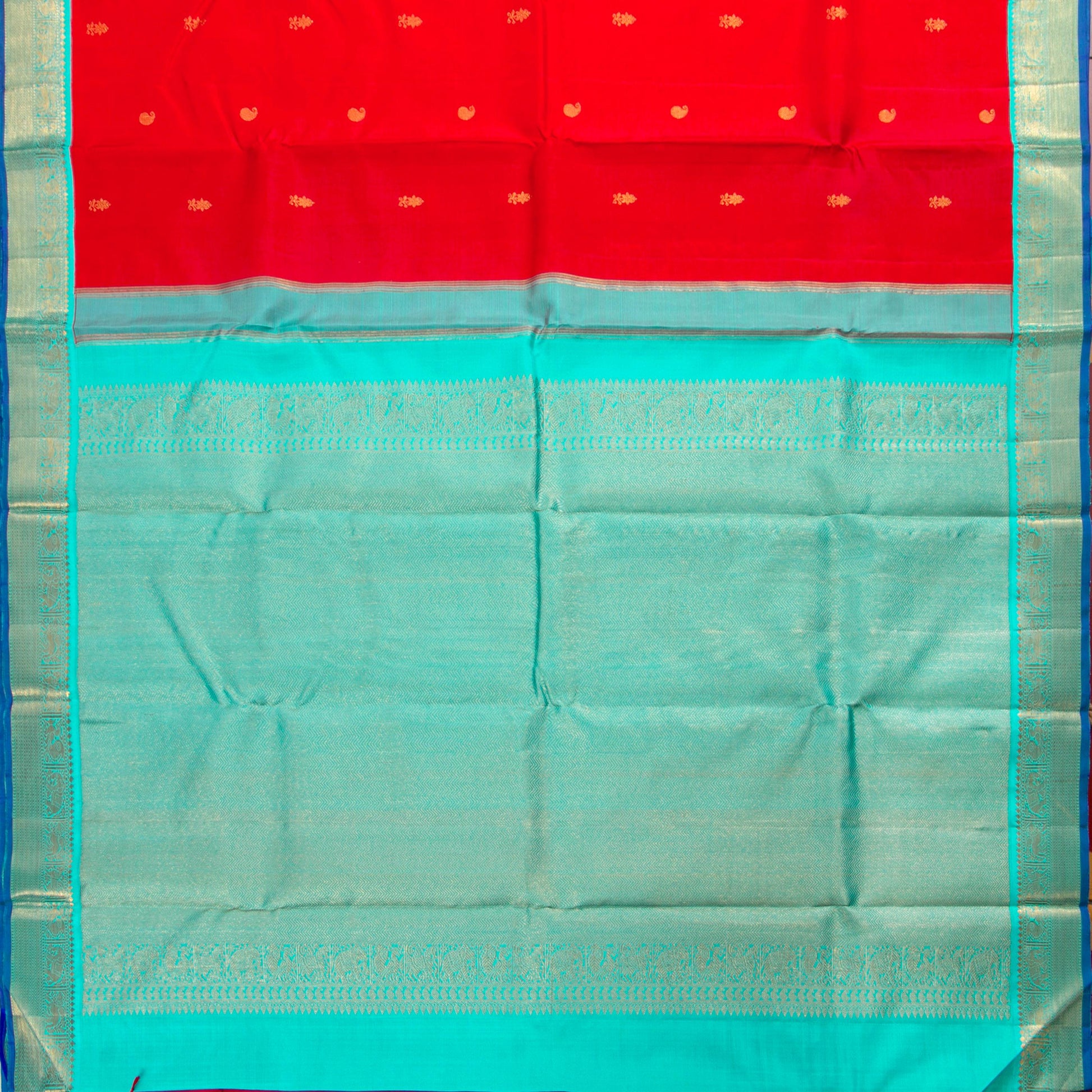 Red And Anandha Blue Kanchipuram Silk Saree For Festive Wear PV J 5205 - Silk Sari - Panjavarnam PV J 5205