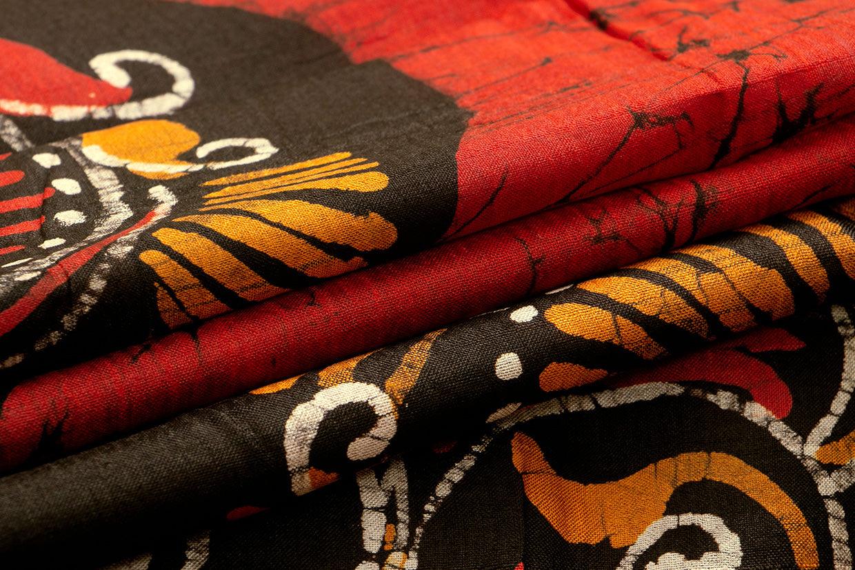 Red And Black Floral Lightweight Batik Silk Saree Handwoven Pure Silk For Office Wear PB 327 - Batik Silk - Panjavarnam