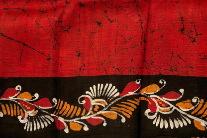 Red And Black Floral Lightweight Batik Silk Saree Handwoven Pure Silk For Office Wear PB 327 - Batik Silk - Panjavarnam