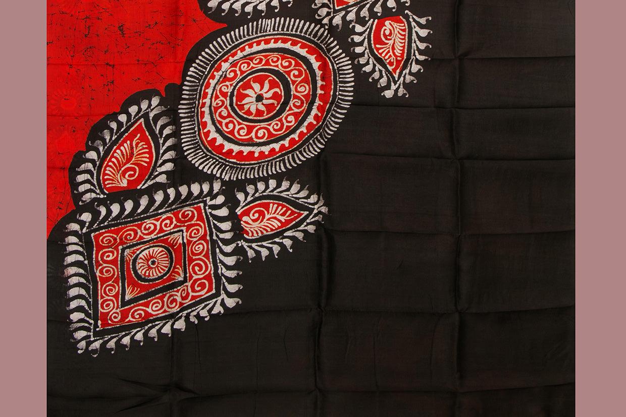 Red And Black Lightweight Batik Silk Saree Handwoven Pure Silk For Office Wear PB 326 - Batik Silk - Panjavarnam