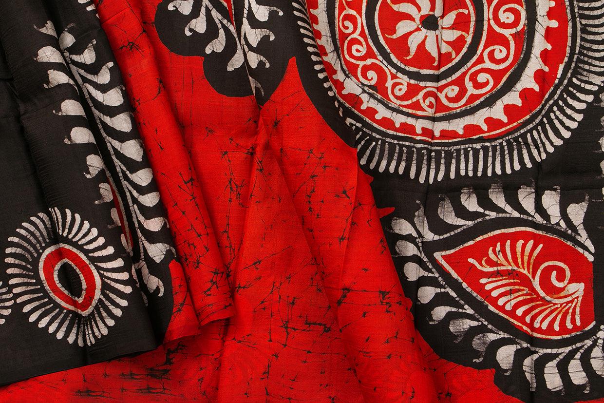 Red And Black Lightweight Batik Silk Saree Handwoven Pure Silk For Office Wear PB 326 - Batik Silk - Panjavarnam PB 326