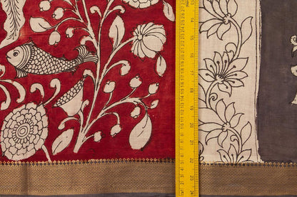 Red And Black Mangalagiri Cotton Kalamkari Saree For Office Wear PV K VSR 101 - Cotton Saree - Panjavarnam PV K VSR 101