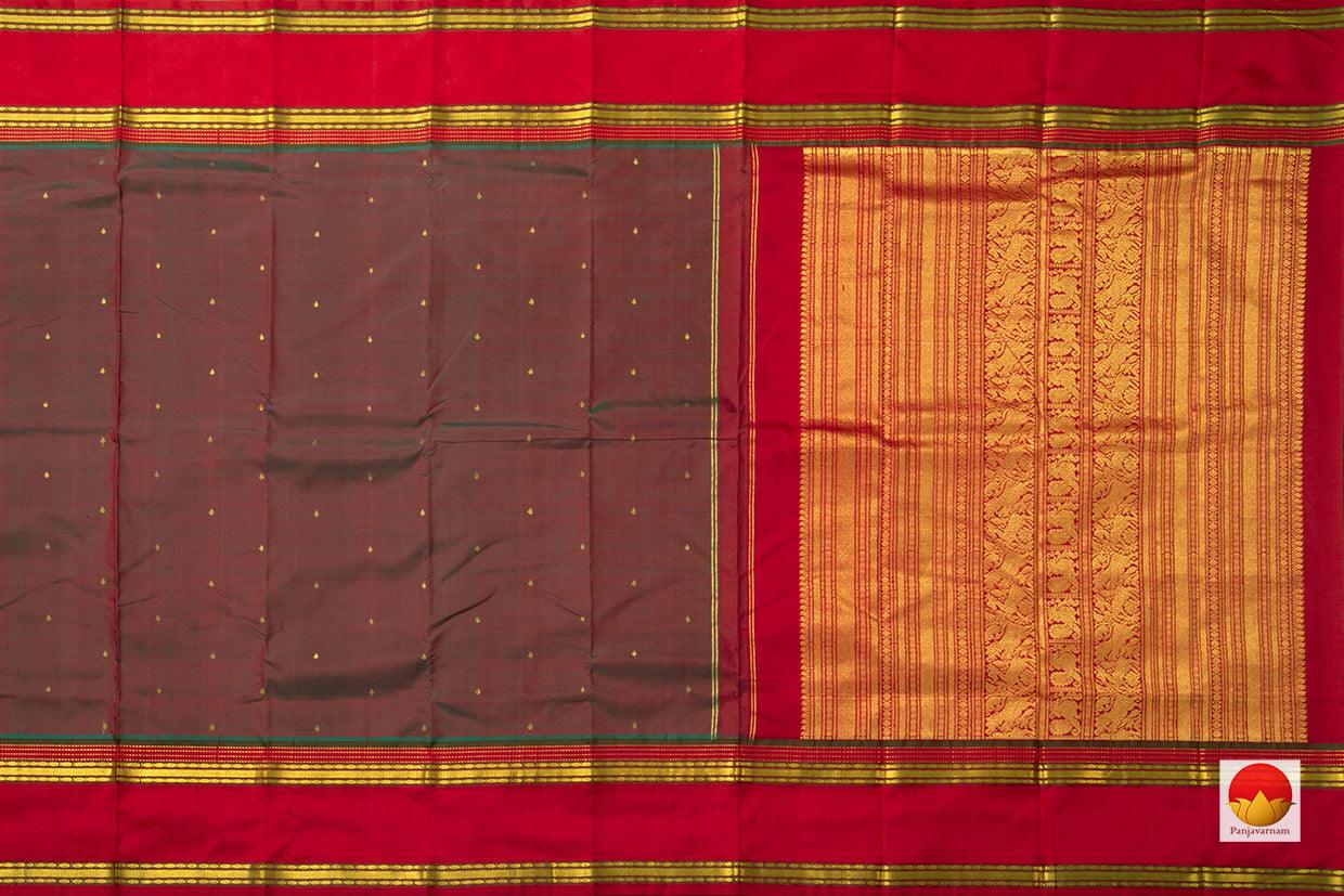Red And Blue Dual Shade Kanchipuram Silk Saree With Red Rettai Pettu Border Handwoven Pure Silk Pure Zari For Festive Wear PV ABI 1215 - Silk Sari - Panjavarnam