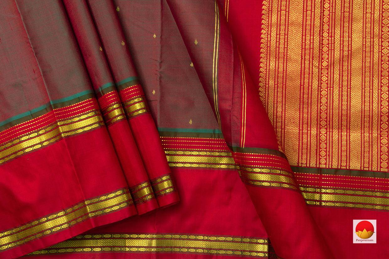 Red And Blue Dual Shade Kanchipuram Silk Saree With Red Rettai Pettu Border Handwoven Pure Silk Pure Zari For Festive Wear PV ABI 1215 - Silk Sari - Panjavarnam PV ABI 1215