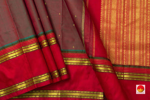 Red And Blue Dual Shade Kanchipuram Silk Saree With Red Rettai Pettu Border Handwoven Pure Silk Pure Zari For Festive Wear PV ABI 1215 - Silk Sari - Panjavarnam PV ABI 1215