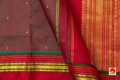 Red And Blue Dual Shade Kanchipuram Silk Saree With Red Rettai Pettu Border Handwoven Pure Silk Pure Zari For Festive Wear PV ABI 1215 - Silk Sari - Panjavarnam PV ABI 1215