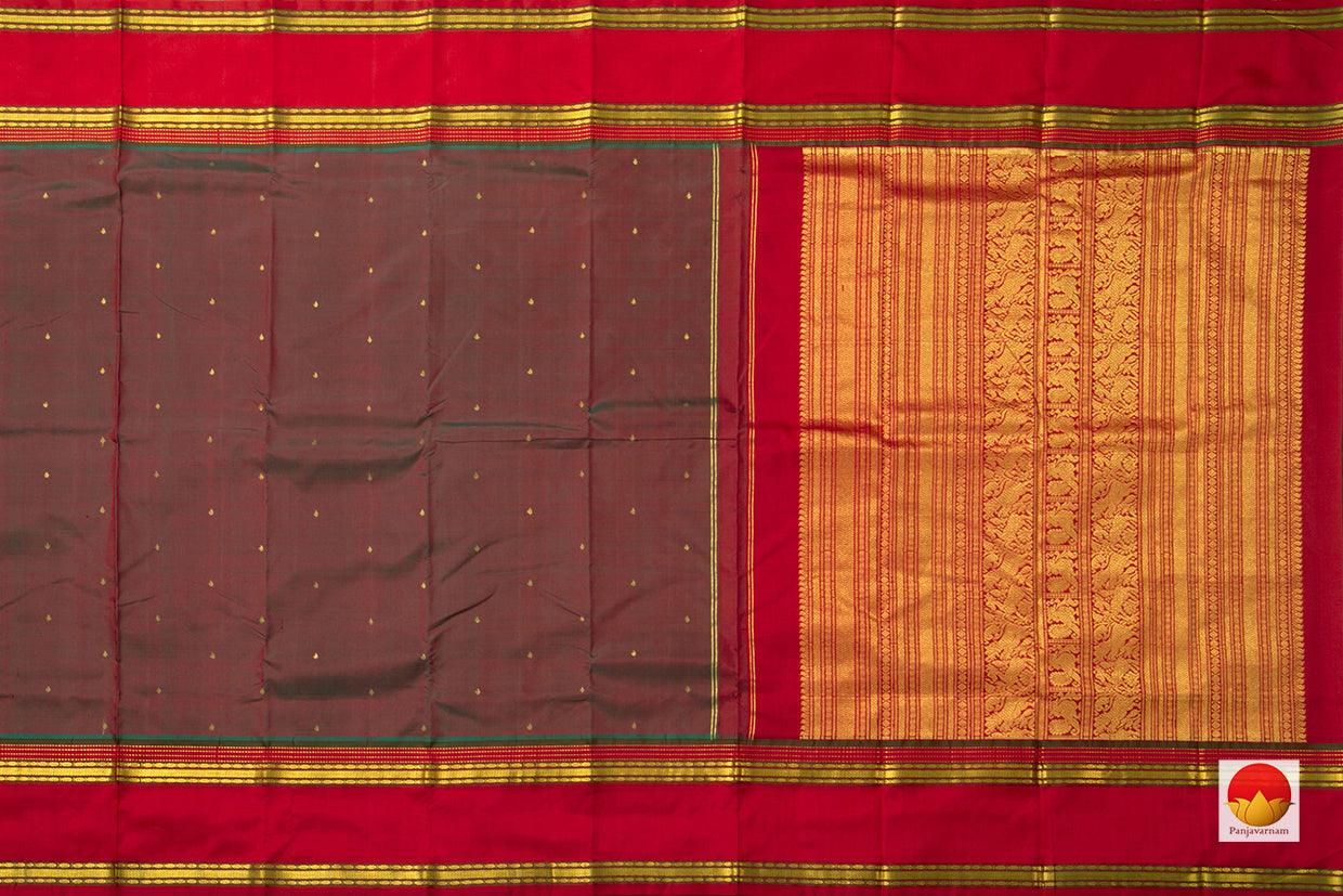 Red And Blue Dual Shade Kanchipuram Silk Saree With Red Rettai Pettu Border Handwoven Pure Silk Pure Zari For Festive Wear PV ABI 1215 - Silk Sari - Panjavarnam PV ABI 1215