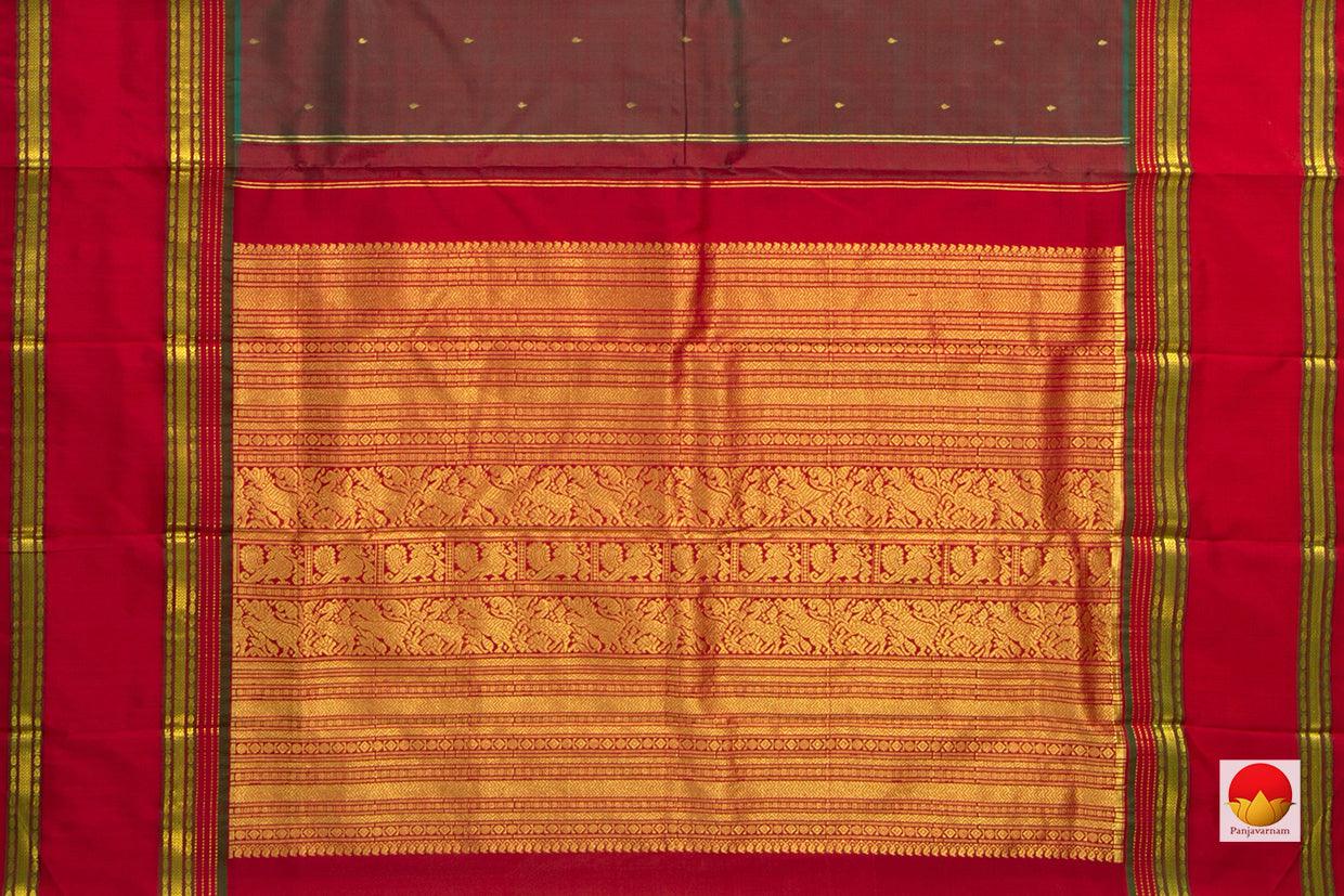 Red And Blue Dual Shade Kanchipuram Silk Saree With Red Rettai Pettu Border Handwoven Pure Silk Pure Zari For Festive Wear PV ABI 1215 - Silk Sari - Panjavarnam PV ABI 1215