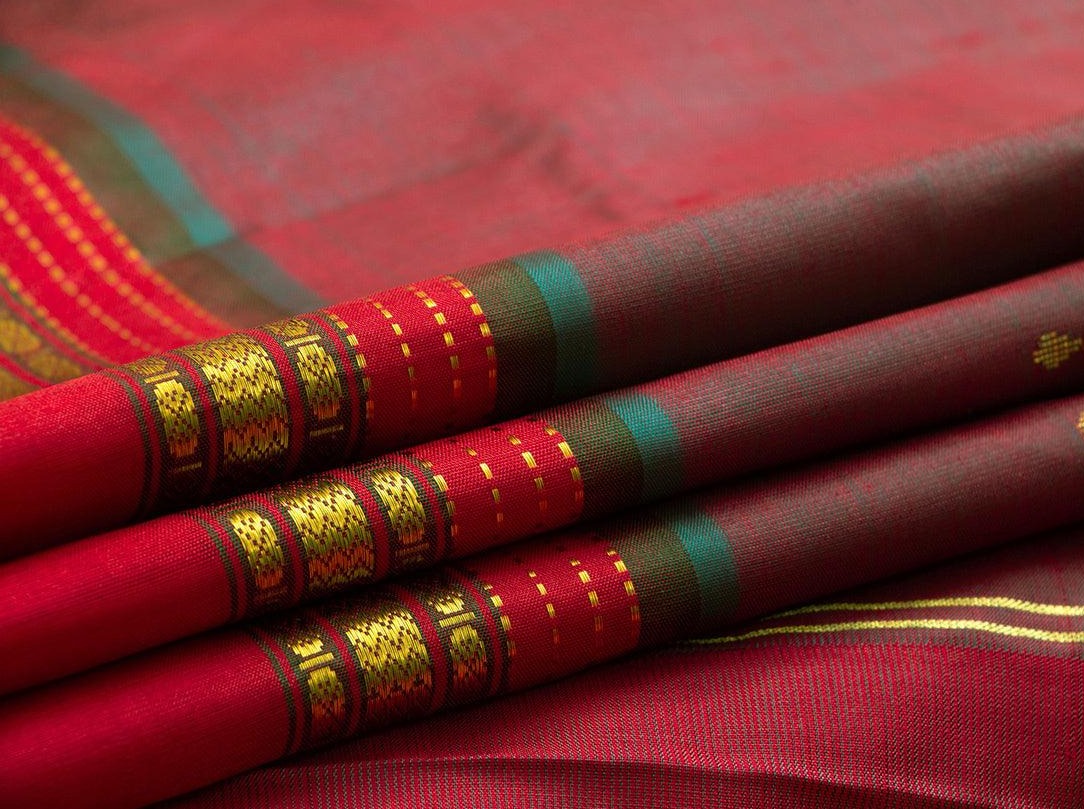 Red And Blue Dual Shade Kanchipuram Silk Saree With Red Rettai Pettu Border Handwoven Pure Silk Pure Zari For Festive Wear PV ABI 1215 - Silk Sari - Panjavarnam PV ABI 1215