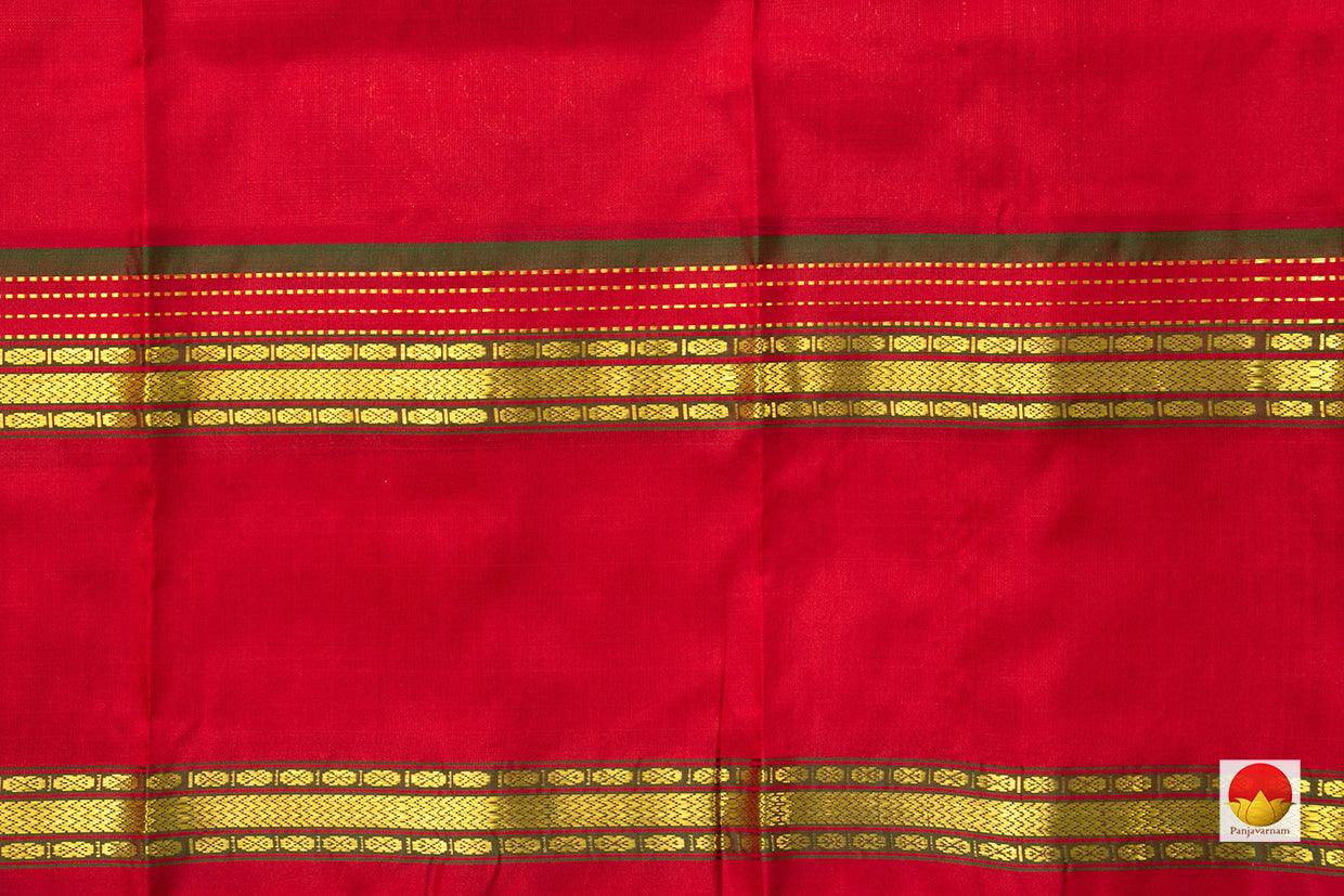 Red And Blue Dual Shade Kanchipuram Silk Saree With Red Rettai Pettu Border Handwoven Pure Silk Pure Zari For Festive Wear PV ABI 1215 - Silk Sari - Panjavarnam PV ABI 1215