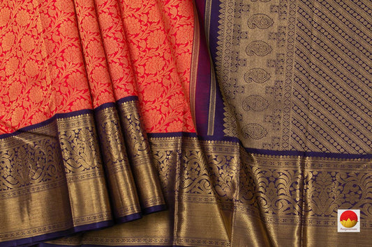 Red And Blue Kanchipuram Silk Saree Handwoven Pure Silk Pure Zari With Korvai Contrast Border For Wedding Wear PV NYC 725 - Silk Sari - Panjavarnam