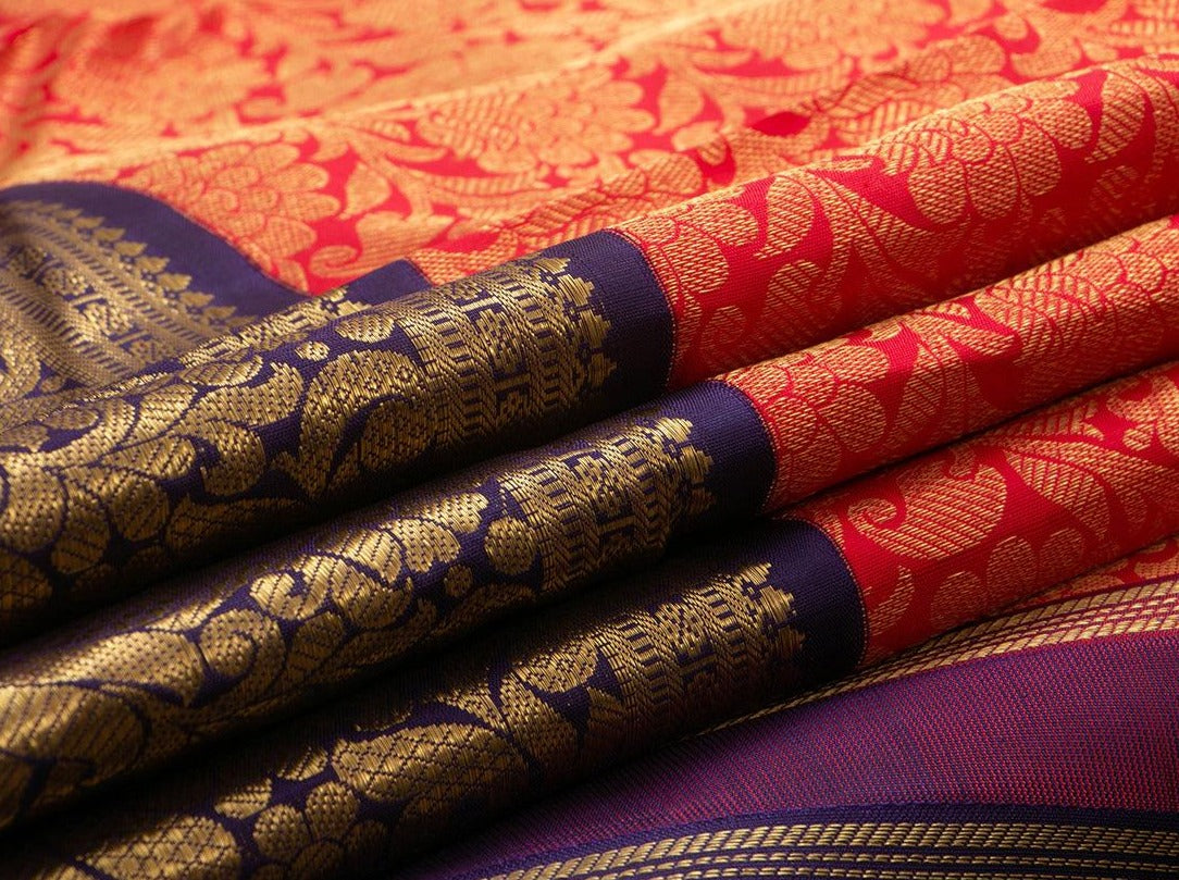 Red And Blue Kanchipuram Silk Saree Handwoven Pure Silk Pure Zari With Korvai Contrast Border For Wedding Wear PV NYC 725 - Silk Sari - Panjavarnam PV NYC 725